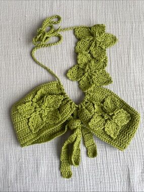 Meshki Crochet Floral Multiway Bikini Top - Green, M